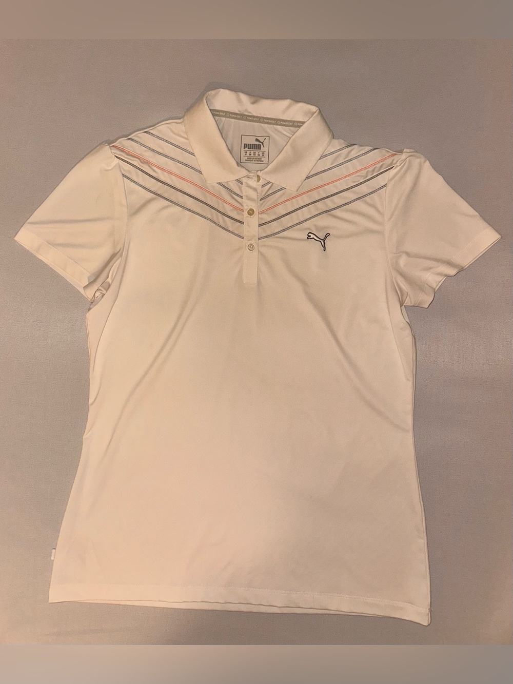 Puma Women’s White Golf Sport Polo with Subtle Multicolor Chevron Stripes